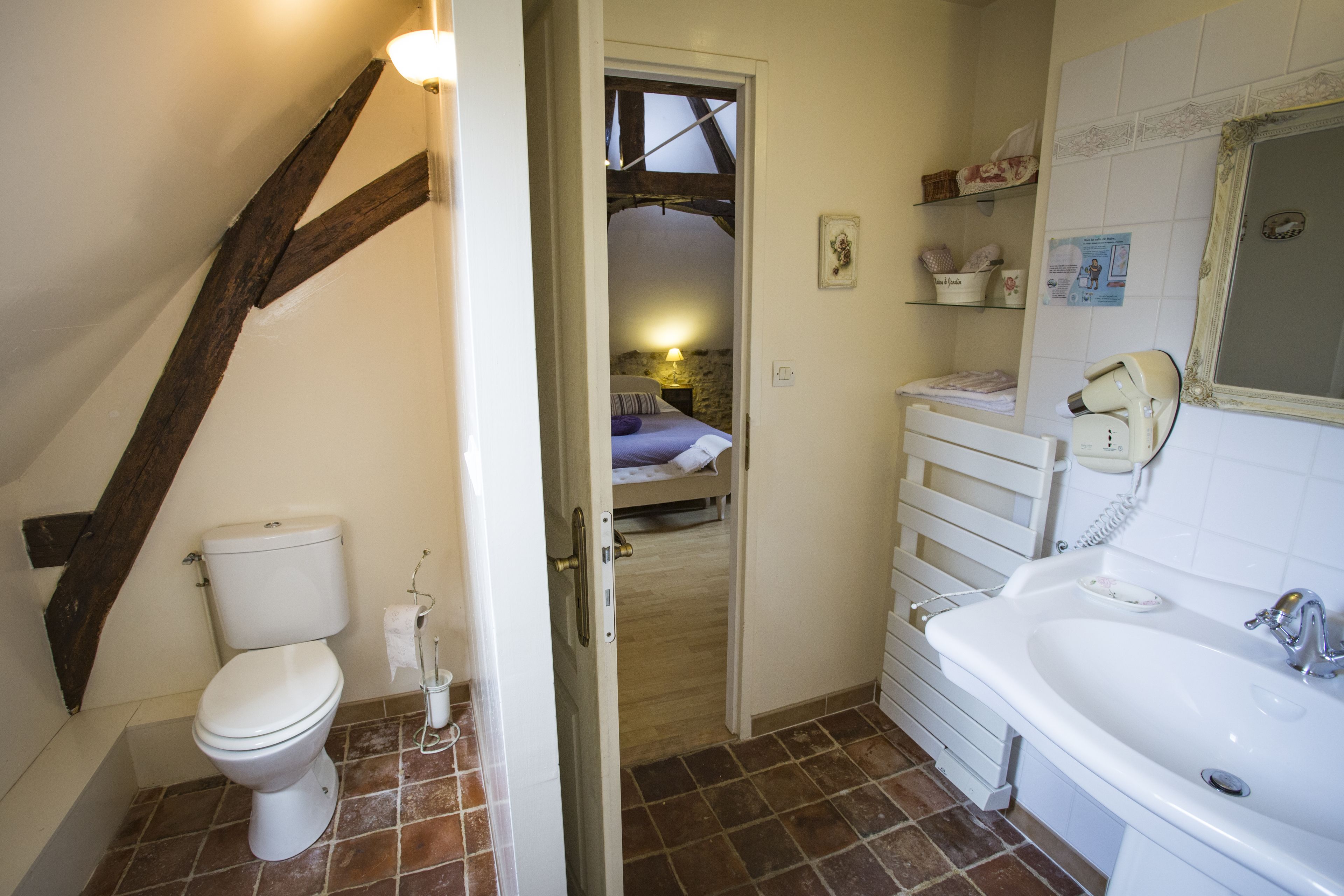 Een badkamer met toilet, wastafel en douche. Links is een houten balk te zien en in de aangrenzende kamer staat een bed.