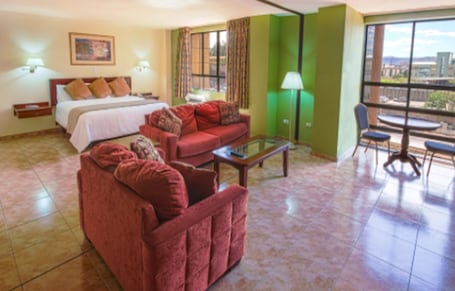 Escritorio, tabla de planchar con plancha, wifi gratis y ropa de cama . Florencia Plaza Hotel