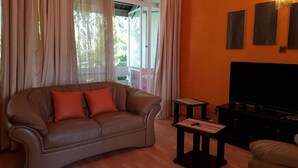 Un salon avec un canapé marron, deux petites tables, un téléviseur et une fenêtre avec des rideaux.