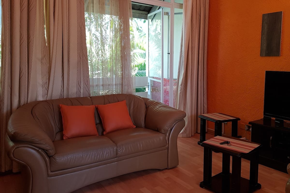 A living room with a brown sofa, two small tables, a TV, and a window with curtains.