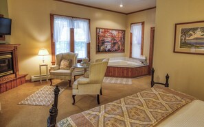 Romantic French Mountain Suite, King Bed, Fireplace, Jacuzzi, Private Deck | Egyptian cotton sheets, premium bedding, down duvets, pillow-top beds - Rockwell Falls Inn and Wine Bar (Lake Luzerne)