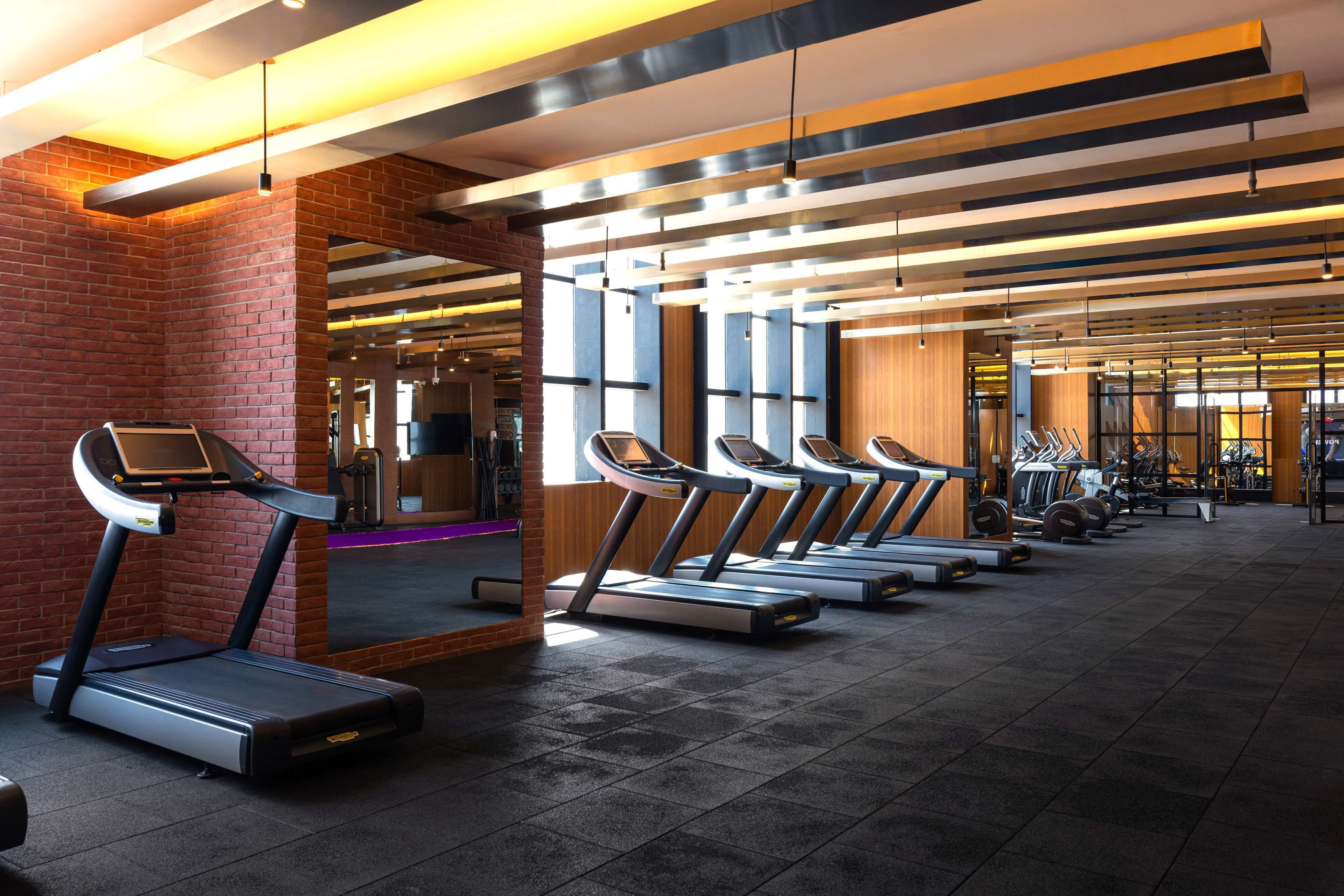 A gym with treadmills, weight machines, and a brick wall.