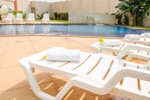 Outdoor pool, sun loungers