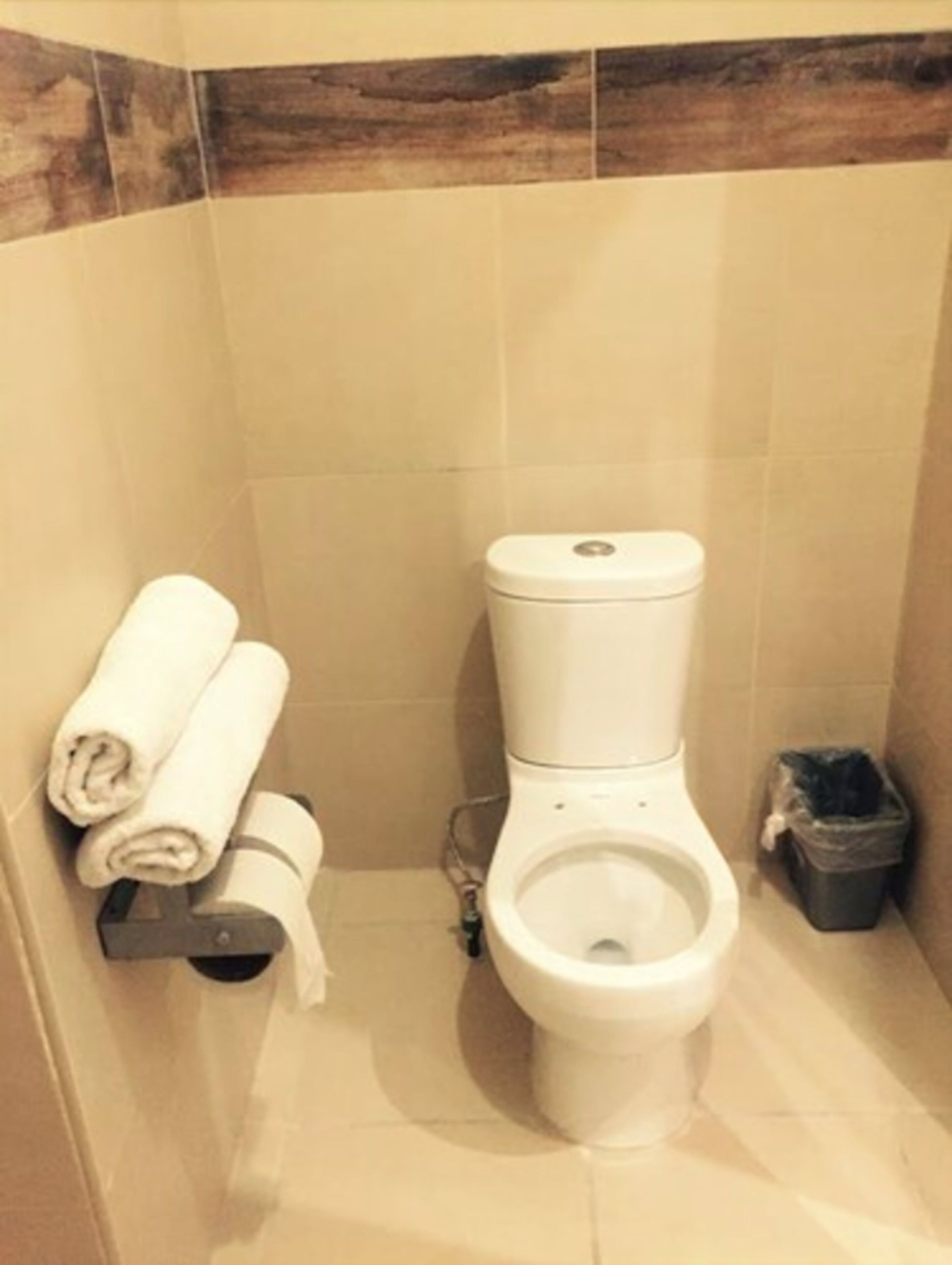 A small bathroom with a toilet, a towel rack with folded towels, and a trash bin.