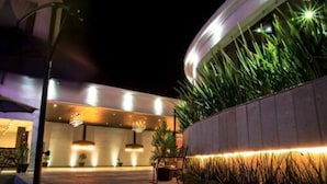 A modern hotel entrance with a curved facade, illuminated by warm lighting, and a landscaped area with tall grasses.