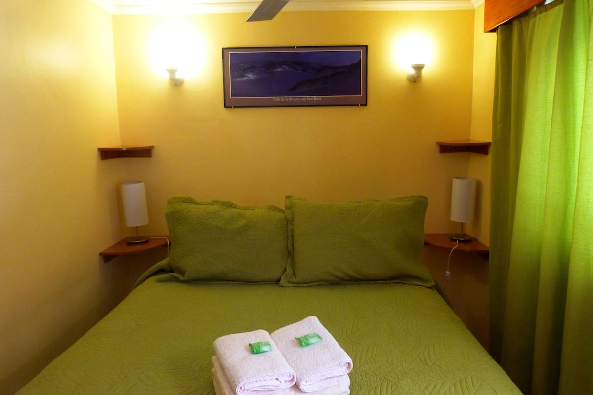 A hotel room with a green bed, two pillows, a framed picture on the wall, and two bedside lamps.