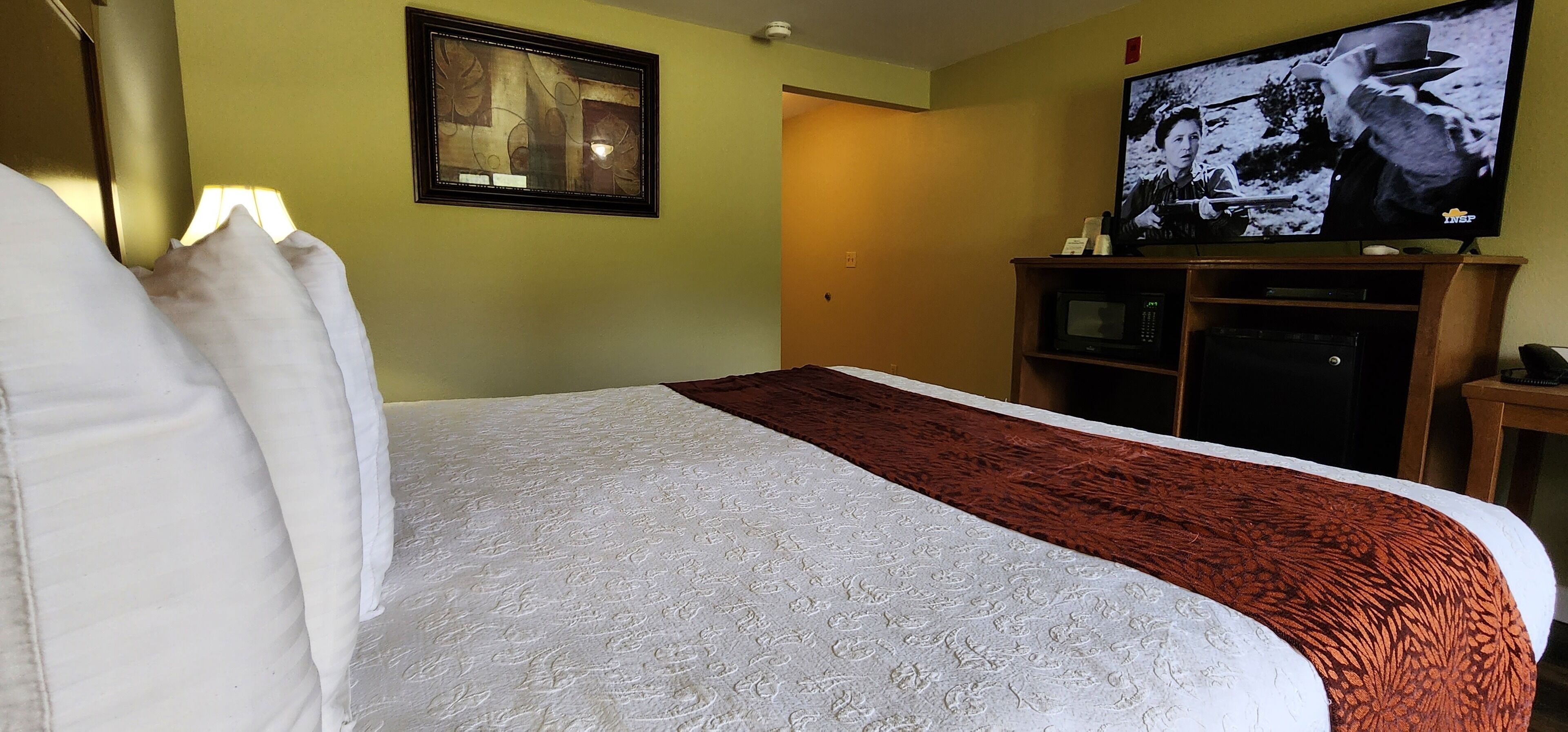 A hotel room with a large bed, a television, and a microwave.