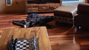 Un salón con pisos de madera, un televisor, una chimenea y cráneos de ciervo montados en la pared.