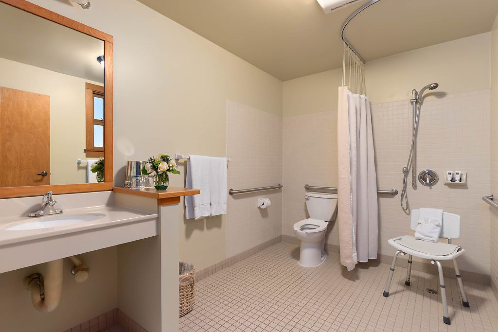 A bathroom with a sink, mirror, toilet, shower, and a wheelchair-accessible chair.
