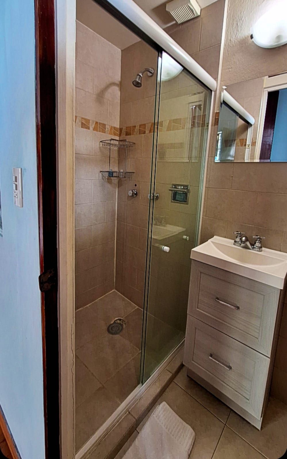 A modern bathroom with a glass-enclosed shower, a vanity with a sink, and a mirror.
