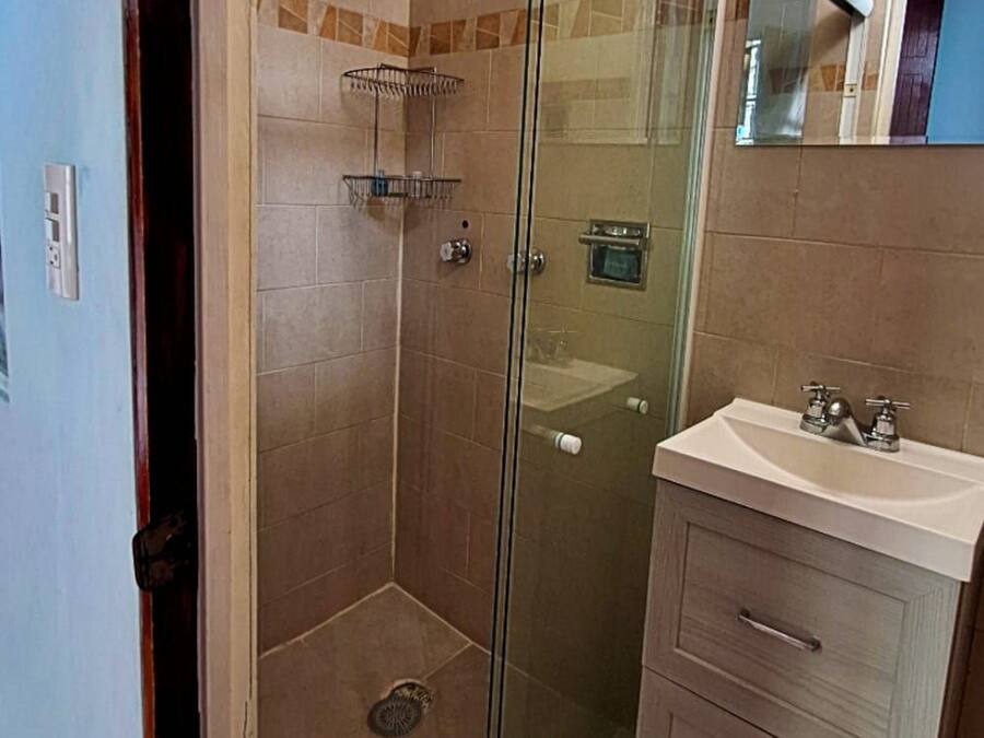 A modern bathroom with a glass-enclosed shower, a vanity with a sink, and a mirror.