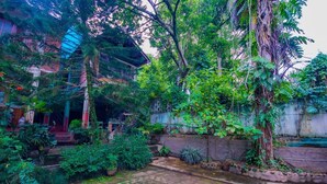 A lush garden with a variety of plants and trees, a brick pathway, and a building with a red door. - Hotel Gem Land (Ratnapura)