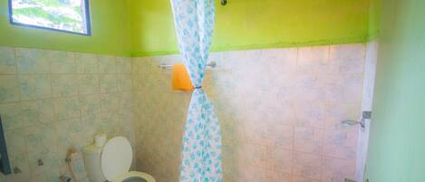 A bathroom with a toilet, a bathtub, and a shower.