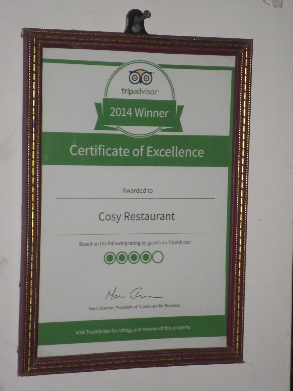 Cosy Restaurant – ausgezeichnet mit TripAdvisor’s Certificate of Excellence.