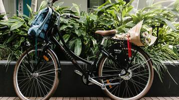 Ein Fahrrad mit einer blauen Tasche und einem Blumenstrauß, abgestellt vor Grünpflanzen und einem Gebäude mit der Türbeschriftung "106".