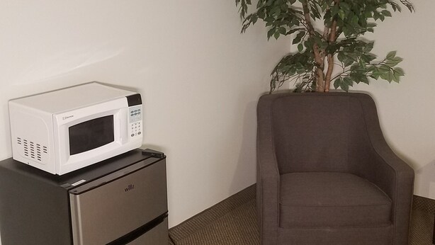 A compact kitchenette with a microwave and refrigerator, a brown armchair, and a potted plant. - Amber Inn Motel (Bliss)