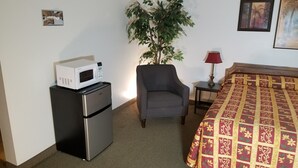 A hotel room with a bed, a chair, a small table with a lamp, a refrigerator with a microwave, and a potted plant. - Amber Inn Motel (Bliss)