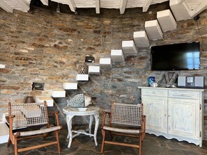 Traditional Villa, 3 Bedrooms, Sea View | Living area | Flat-screen TV, DVD player - The Stone Windmill (Kea)