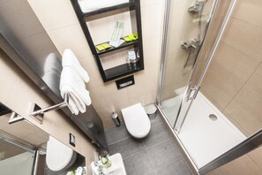A modern bathroom with a glass shower enclosure, a toilet, and a sink.