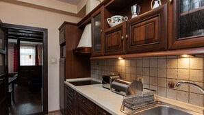 A kitchen with wooden cabinets, a stainless steel sink, a toaster, and a kettle. - EchoDom 5 Apartments Florianska (Kraków)