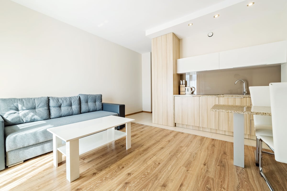 Ein modernes Wohnzimmer mit einer Couch, einem Couchtisch und einer Küchenzeile mit Spüle und Arbeitsfläche.