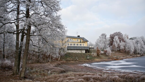 Een geel gebouw met een balkon, omgeven door bomen met vorst.