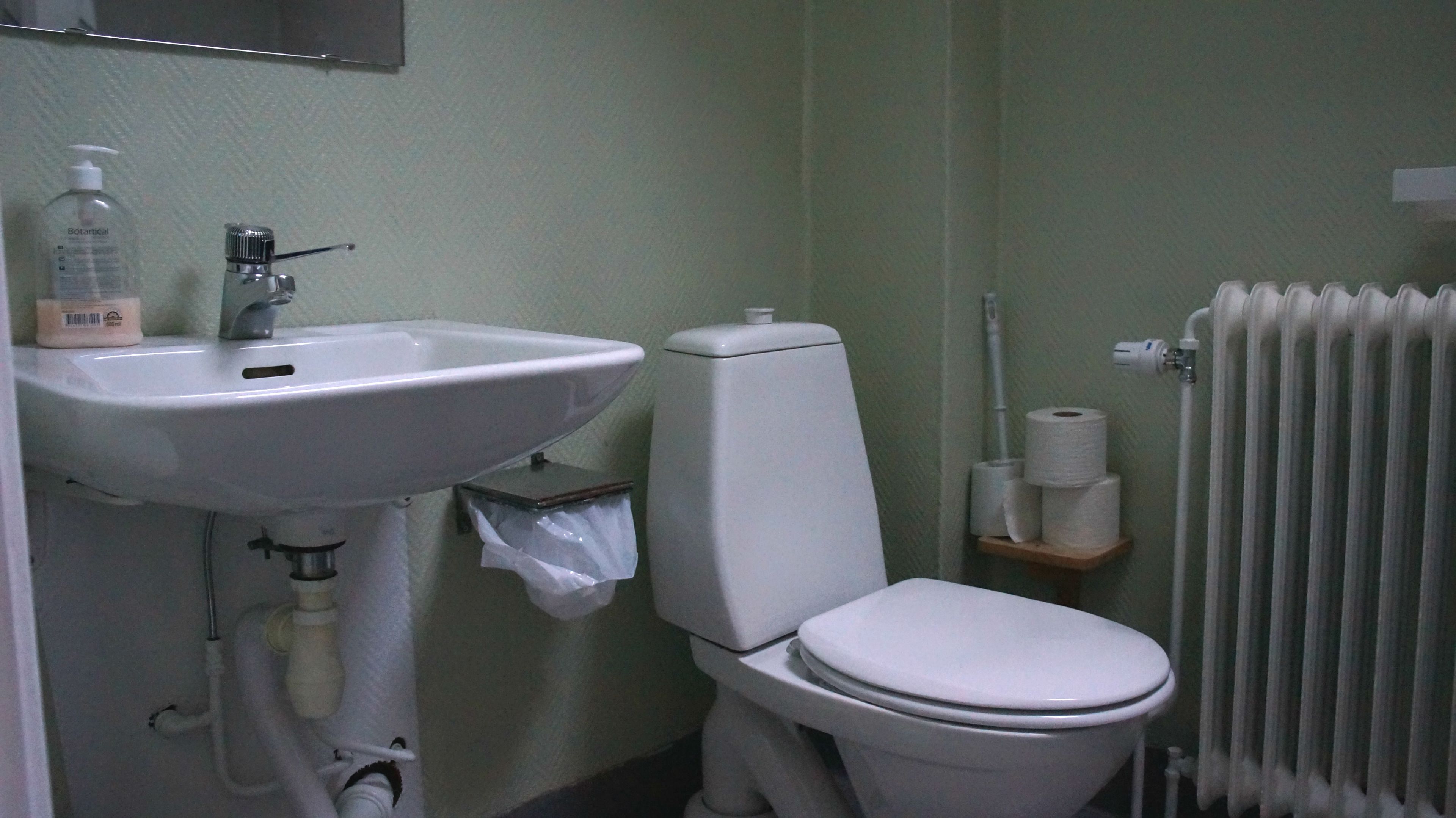 Un baño con lavamanos, inodoro y radiador blancos.