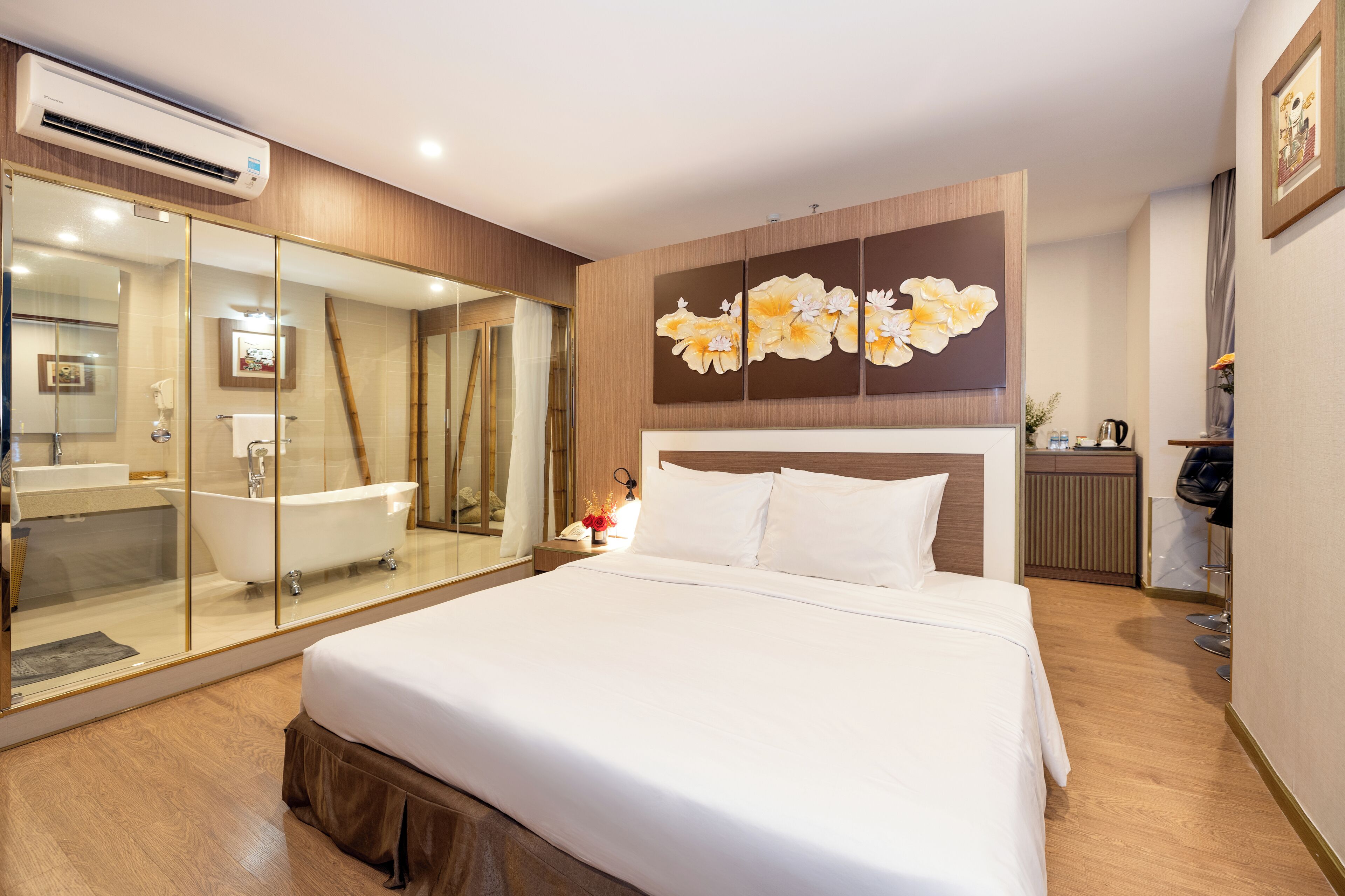 club suite | bathroom | designer toiletries, hair dryer, slippers, towels