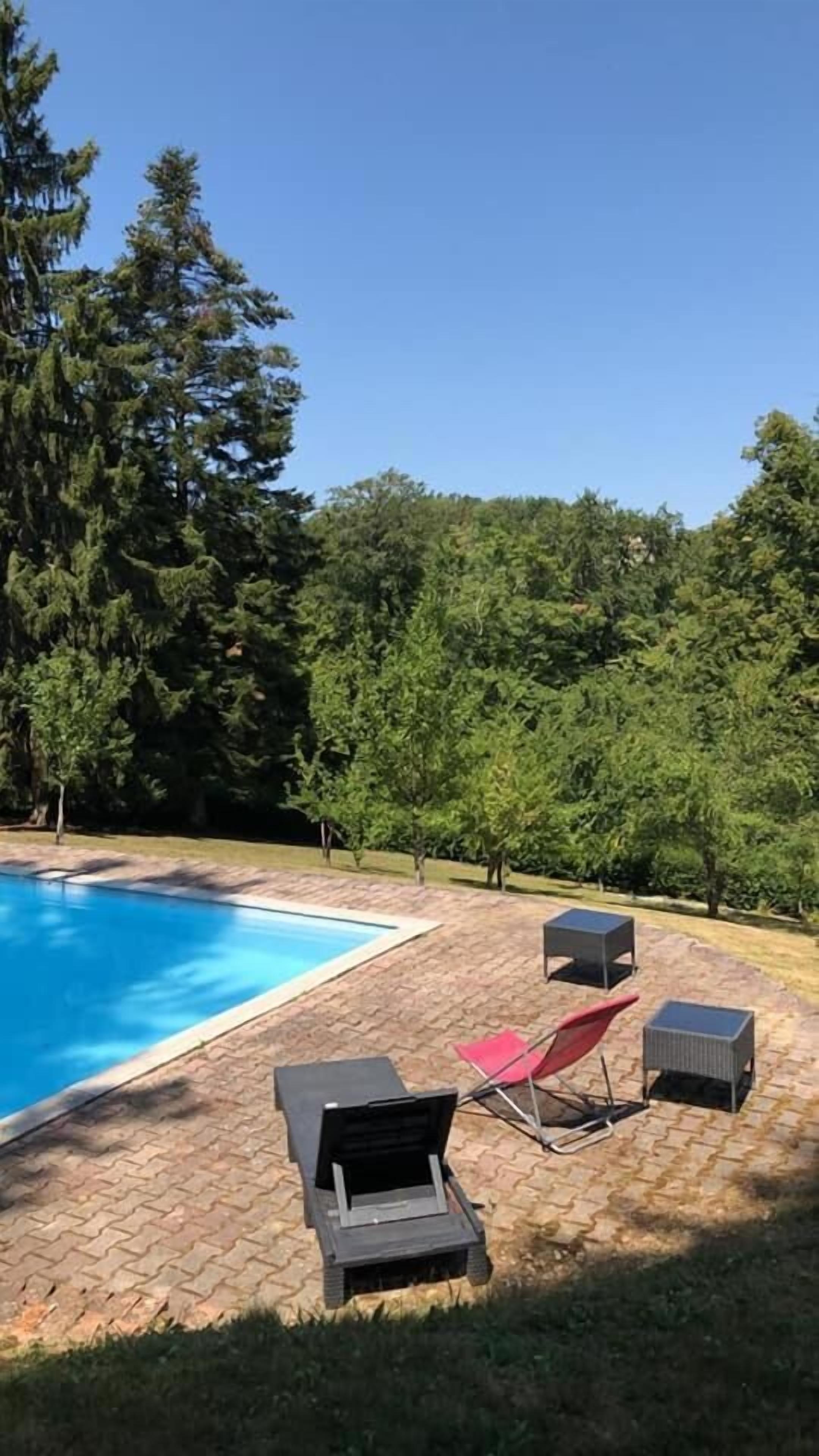 Een zwembad met ligbedden en een tafel, omringd door bomen.