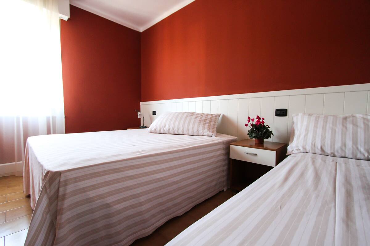 A hotel room with two beds, a nightstand, and a potted plant.