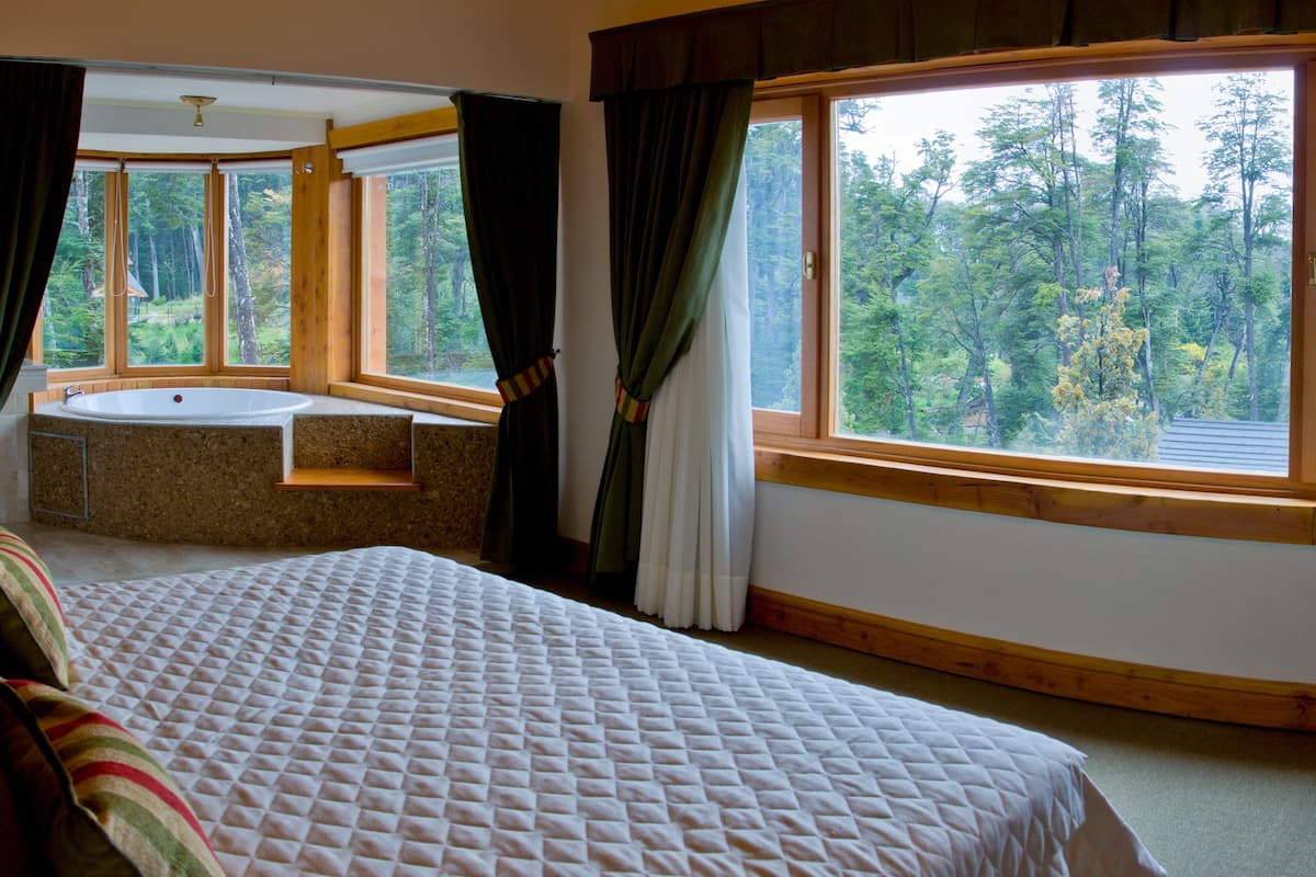 A bedroom with a large bed, a window with a view of trees, a bathroom with a bathtub, and a television on a stand.