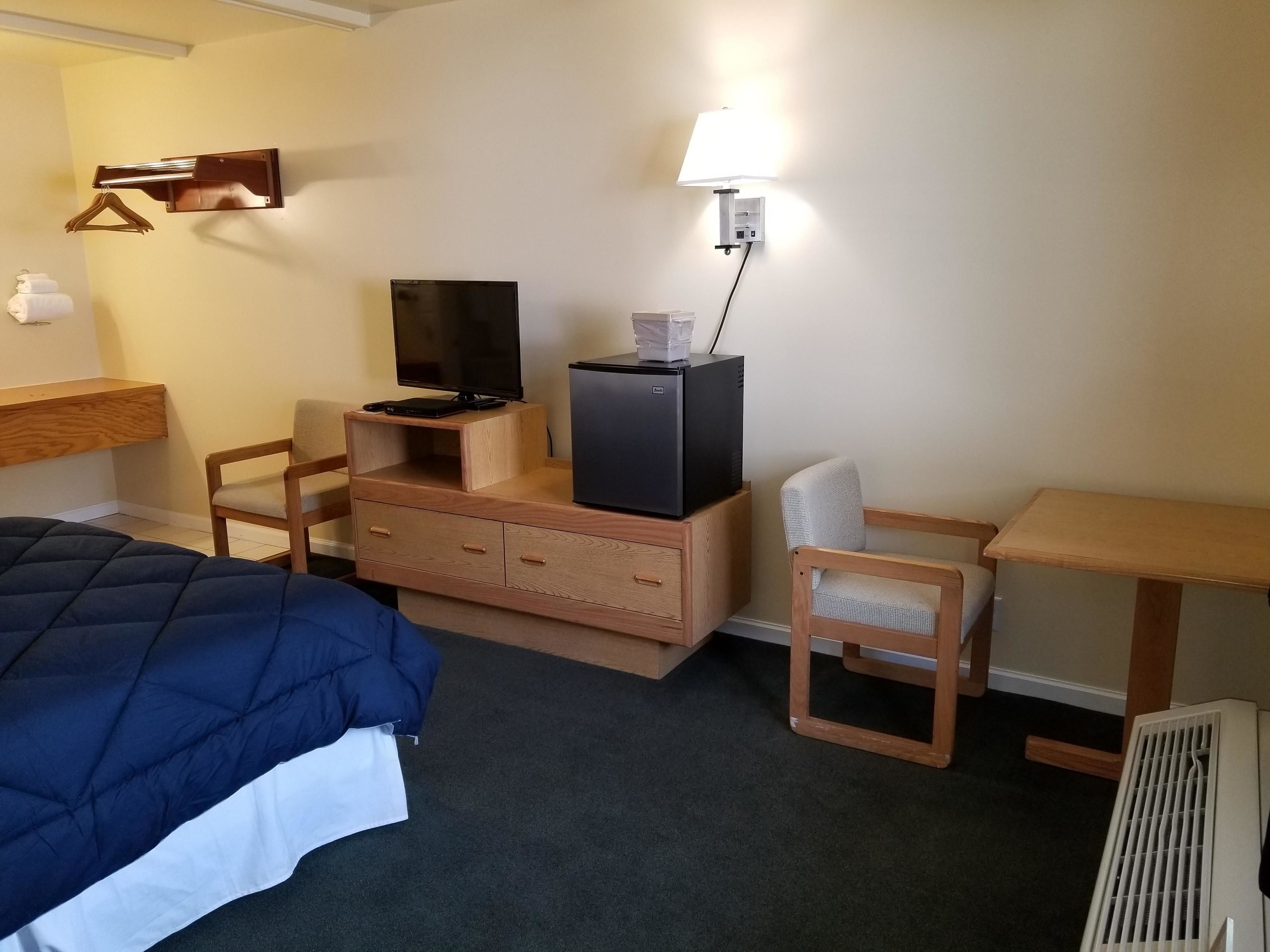 Una habitación de hotel con una cama, un escritorio, una silla, un televisor y un calentador.