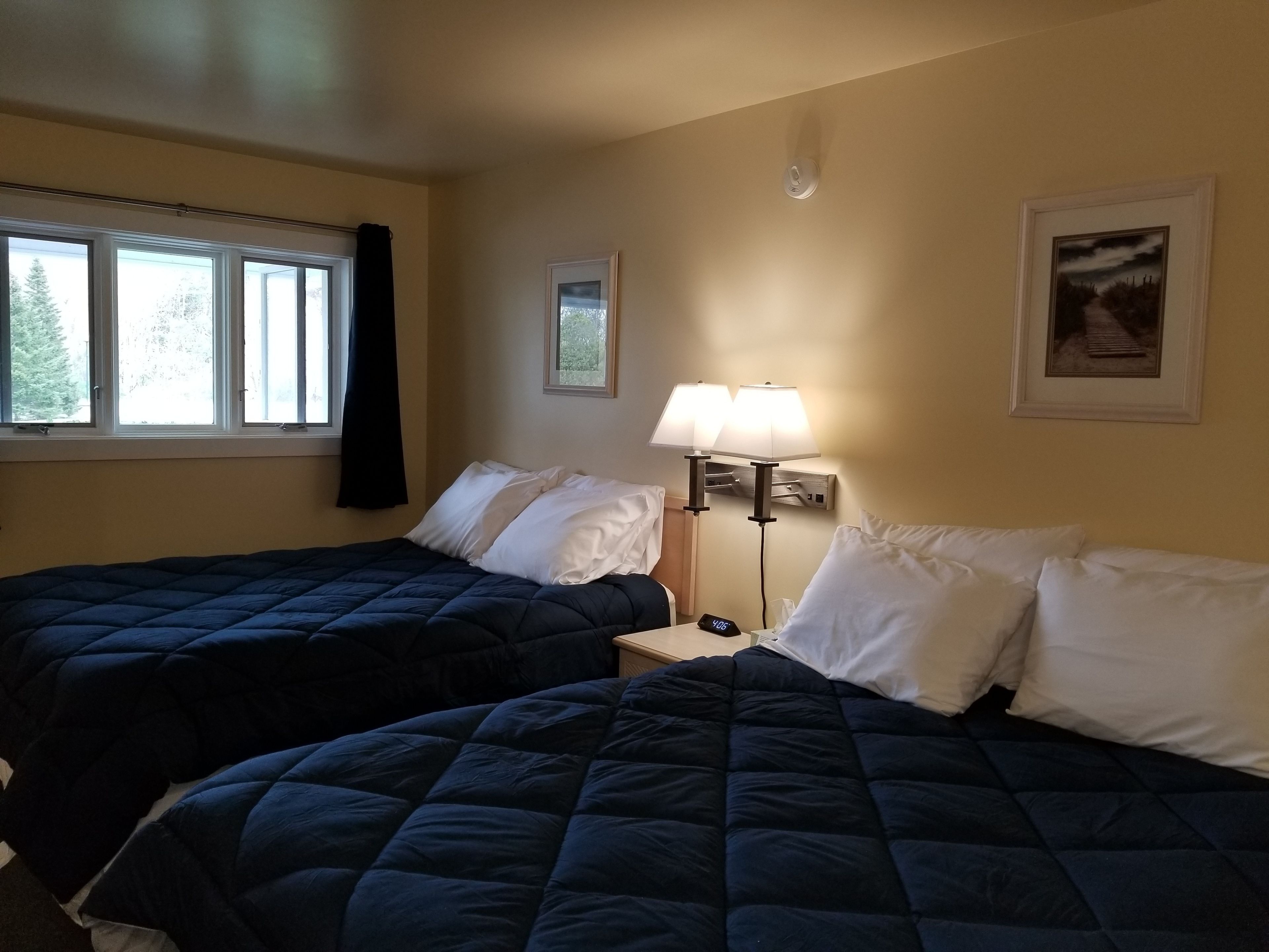 A hotel room with two beds, a nightstand, a lamp, and a framed picture on the wall.