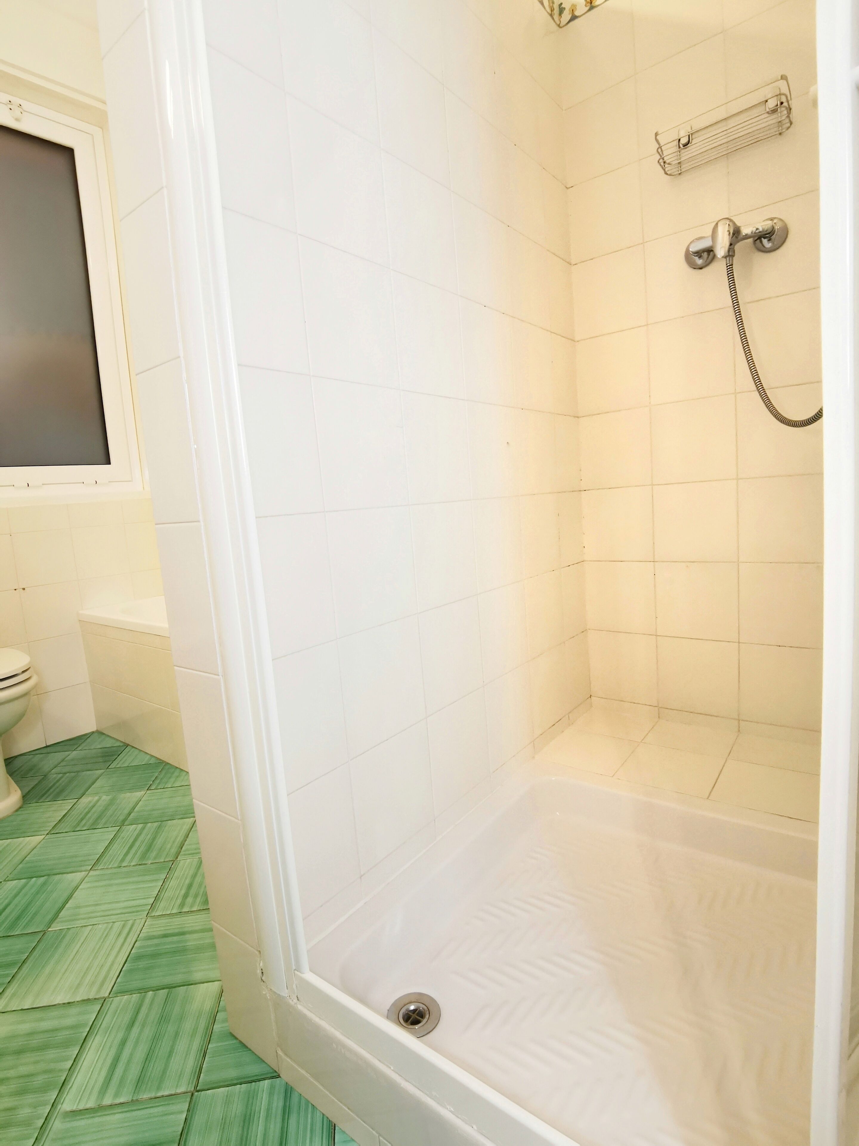 A bathroom with a shower, toilet, and a window.