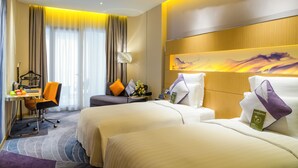A hotel room with two beds, a desk, a chair, and a large window with curtains. - Novotel Suzhou SIP (Suzhou)