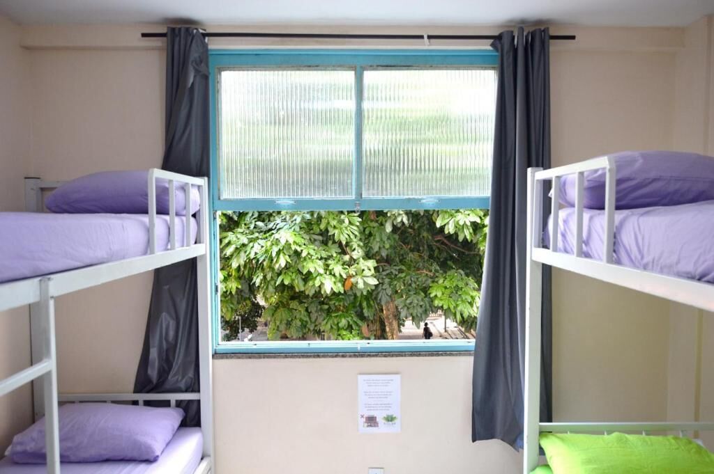 Une chambre de dortoir avec des lits superposés, une fenêtre avec des rideaux et une vue sur la verdure à l’extérieur.