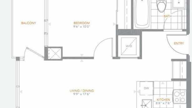 A floor plan with a balcony, bedroom, living/dining area, bathroom, kitchen, and entryway. - Spectacular Views Apartments (Toronto)