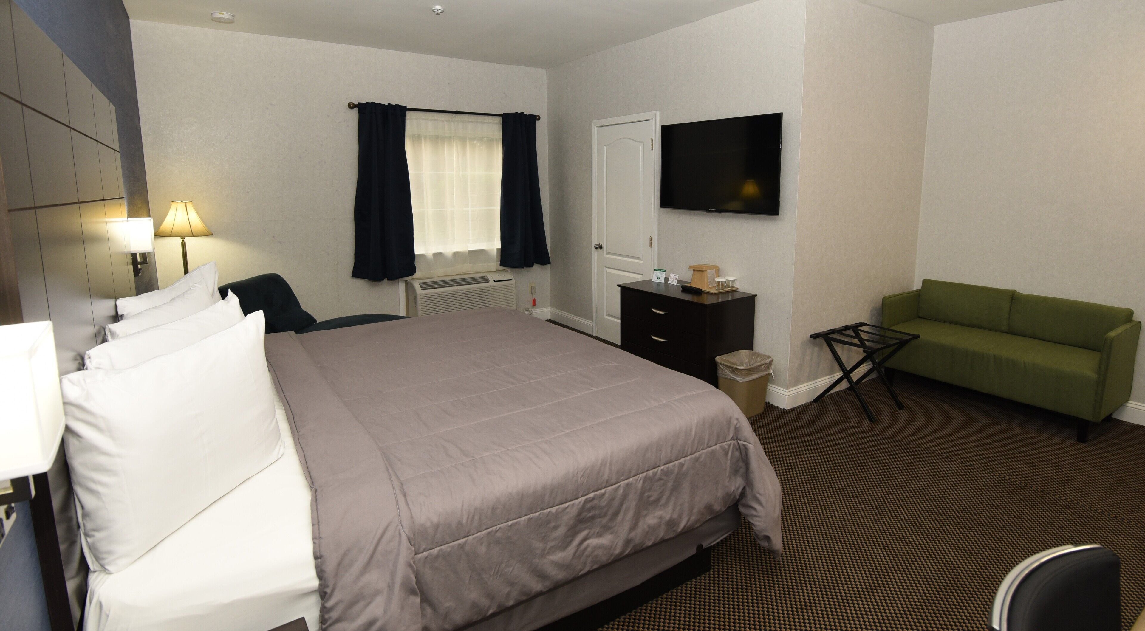 A hotel room with a large bed, a desk, a chair, a green sofa, a TV, and a window with curtains.