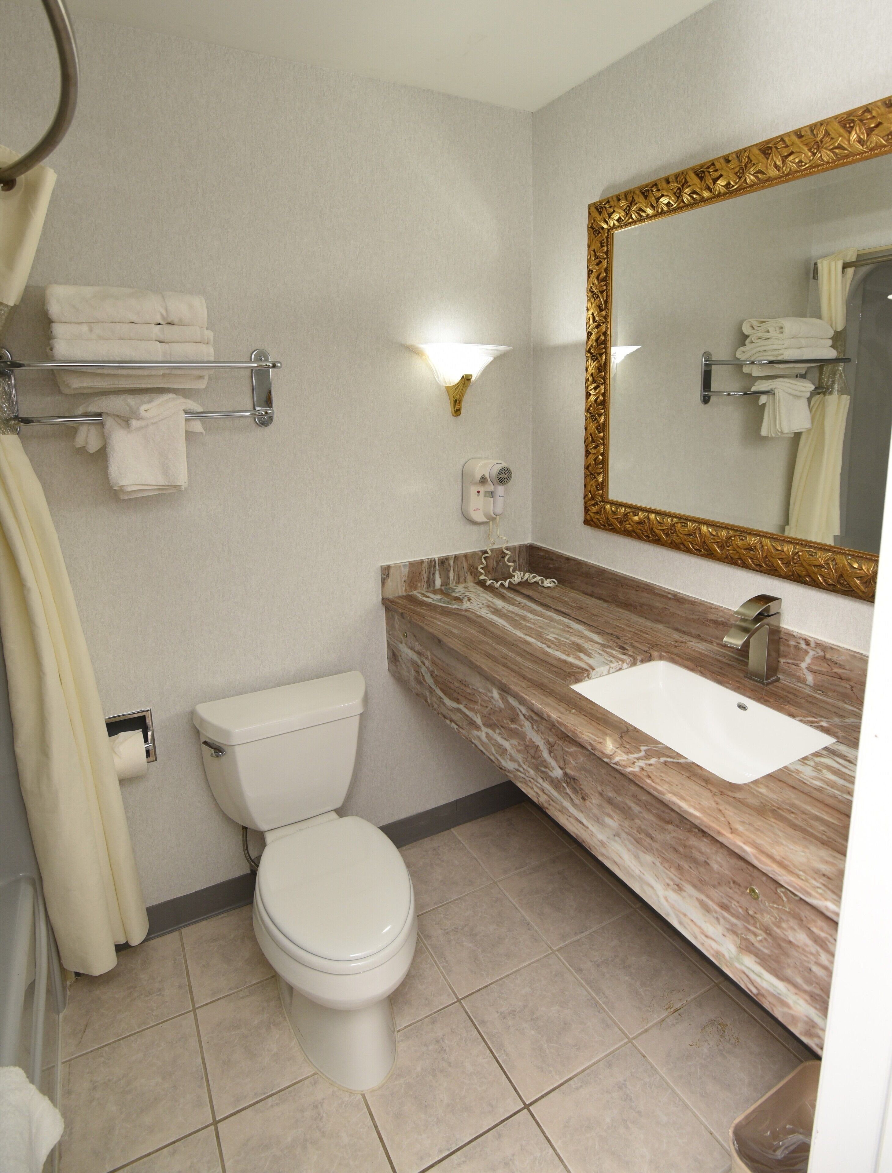 A bathroom with a toilet, sink, towel rack, and a mirror with a gold frame.