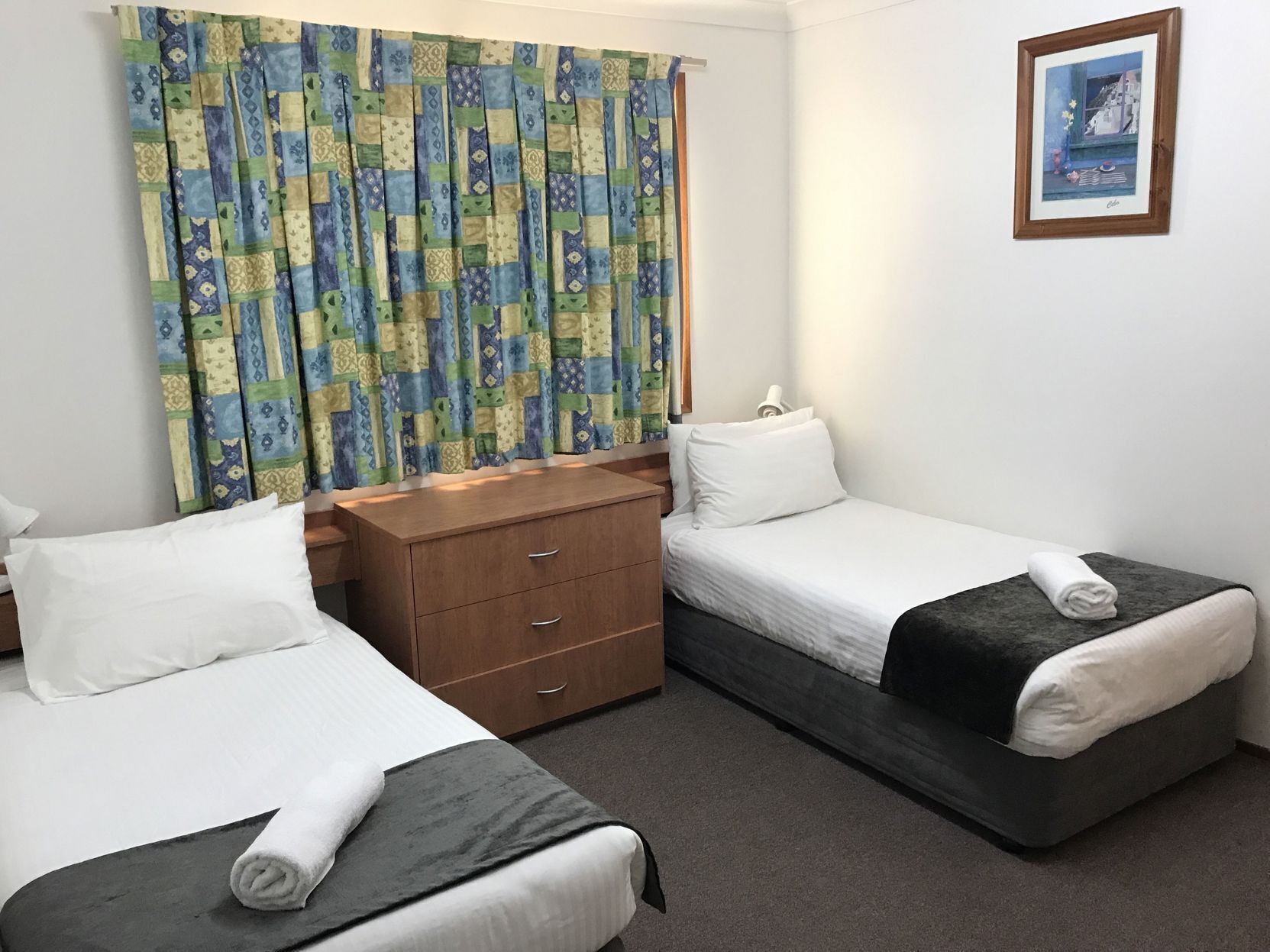 Desk, blackout drapes, soundproofing, iron/ironing board