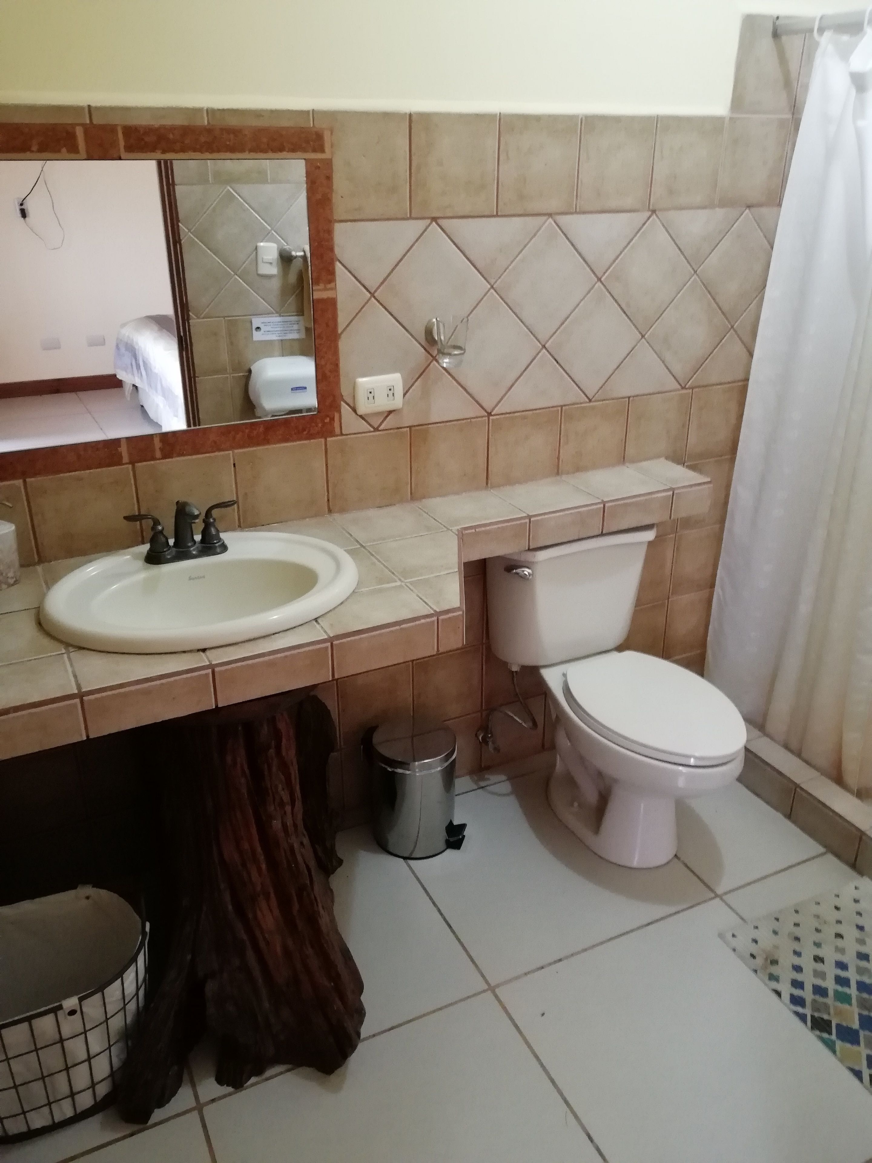 A bathroom with a sink, mirror, toilet, and a trash can.