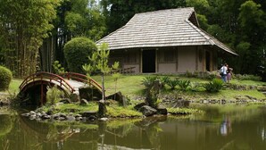 A traditional Japanese-style building with a tiled roof, situated next to a pond with a wooden bridge. - Paraíso Orocay Lodge (Paraiso)