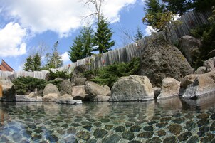 A clear pool surrounded by large rocks and trees, with a wooden fence in the background.