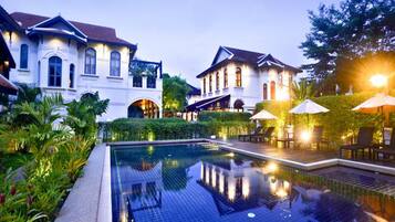 Outdoor pool, pool umbrellas, pool loungers