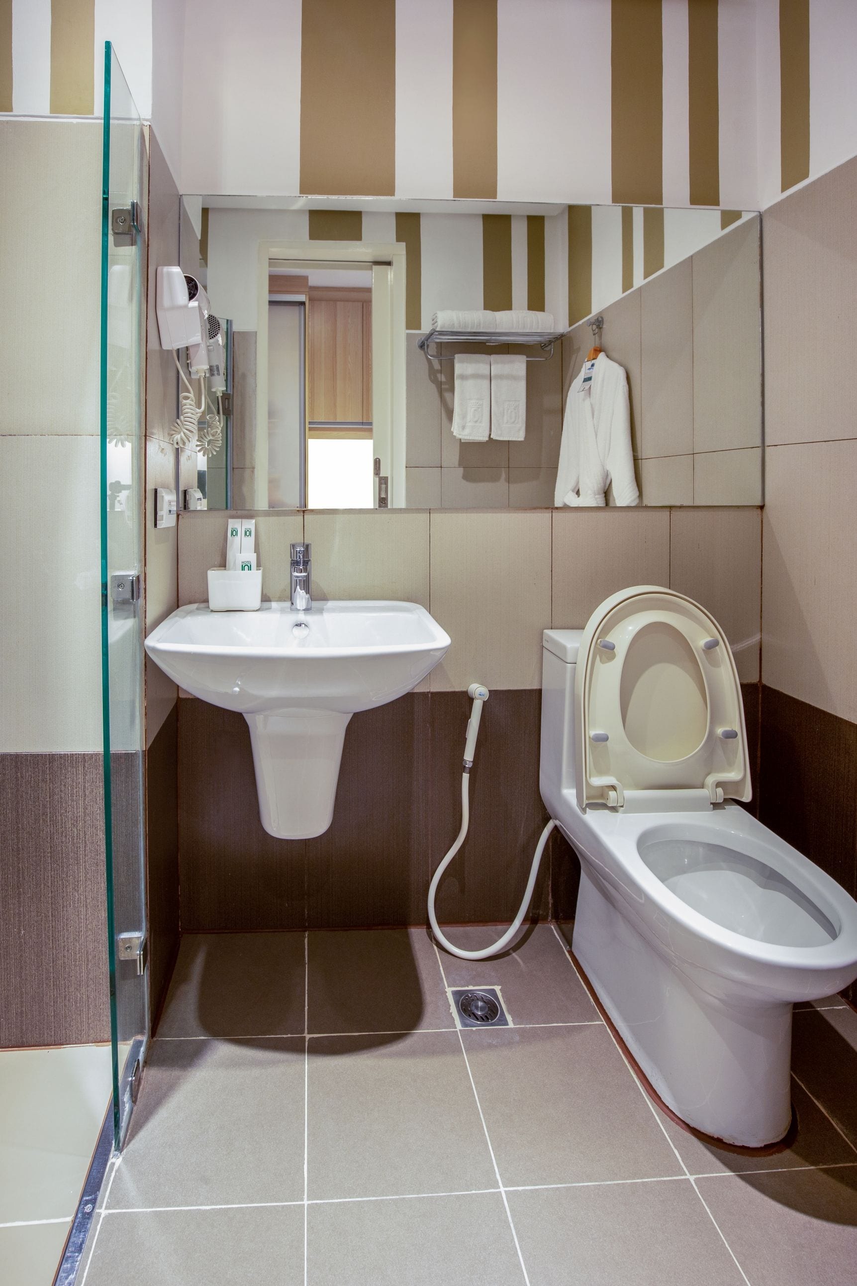 A bathroom with a glass shower enclosure, a sink, a toilet, and a mirror.