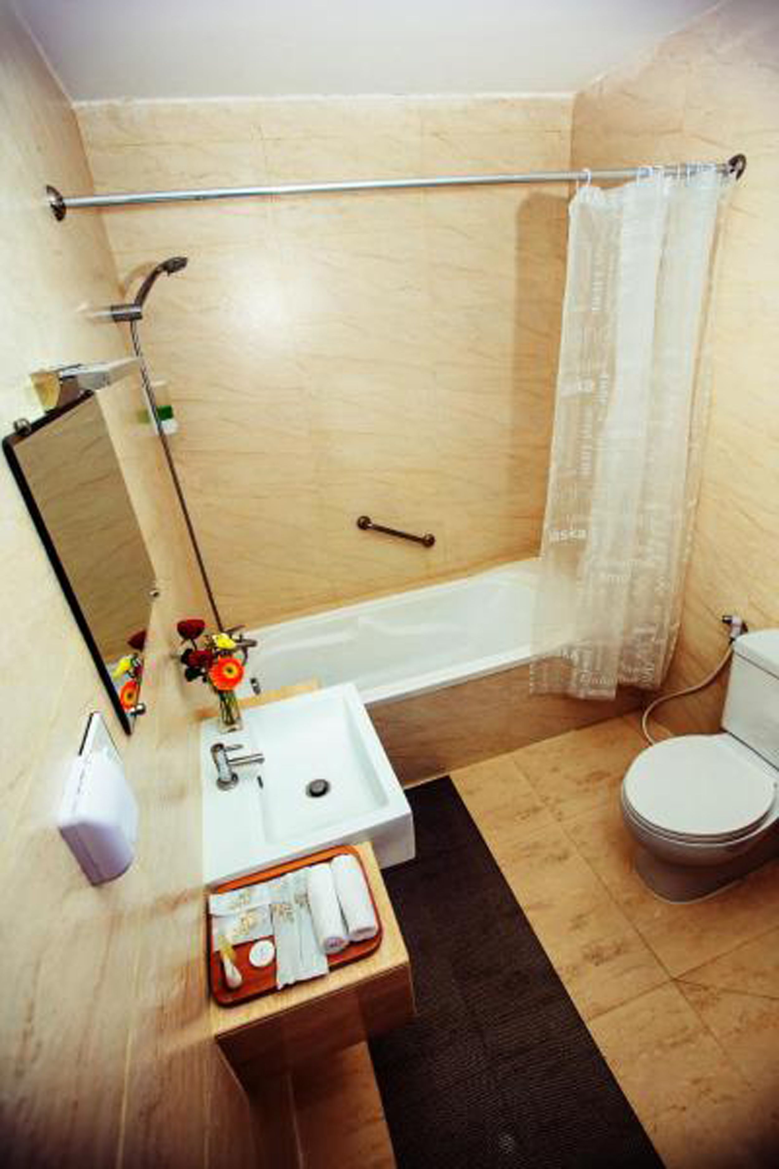 shower, rainfall showerhead, free toiletries, hair dryer