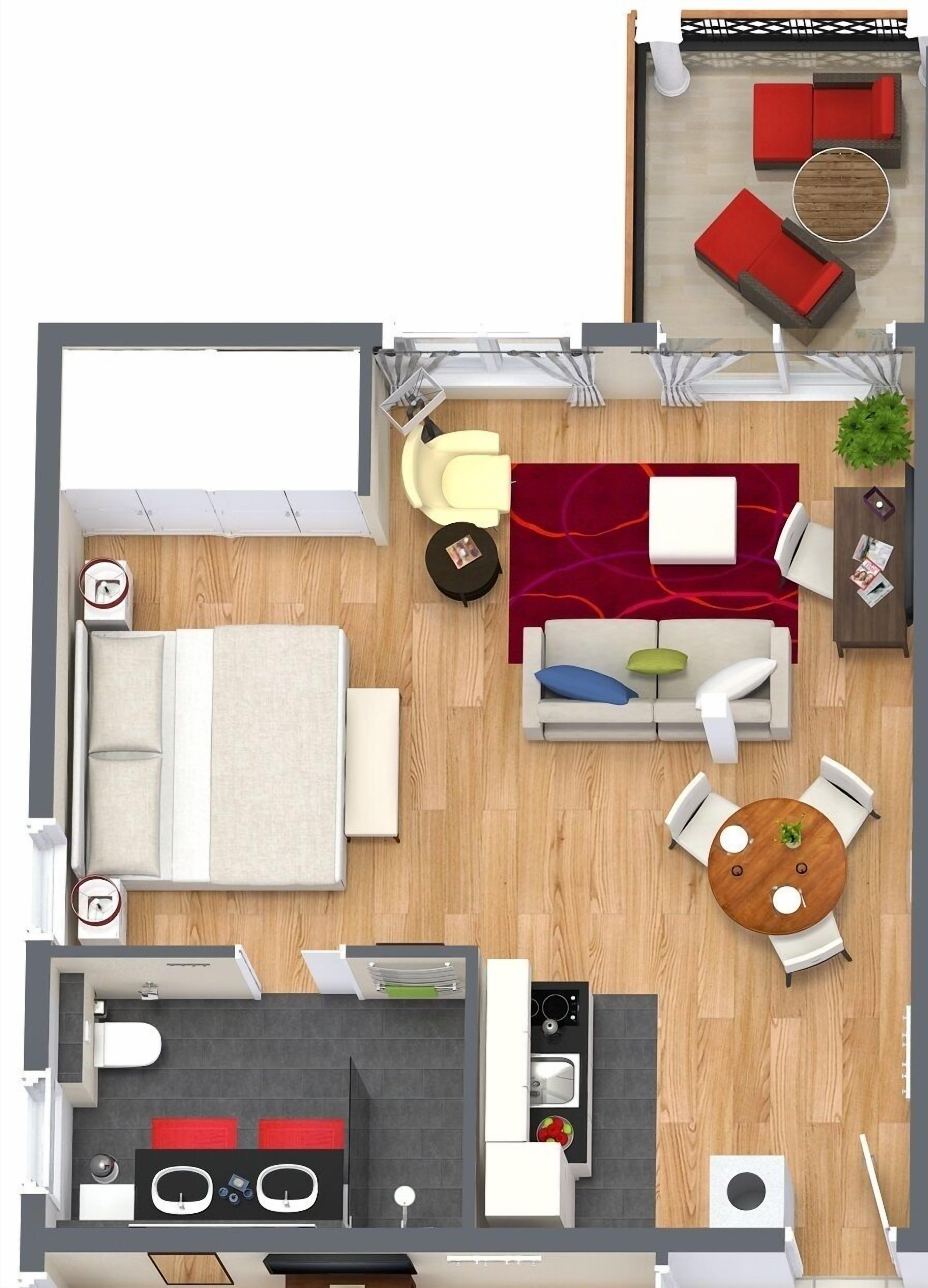 Distribución de un apartamento de dos habitaciones, con sala de estar, comedor, cocina y dos dormitorios.