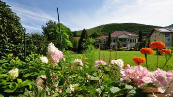 A garden with various flowers and a house with a red roof in the background.