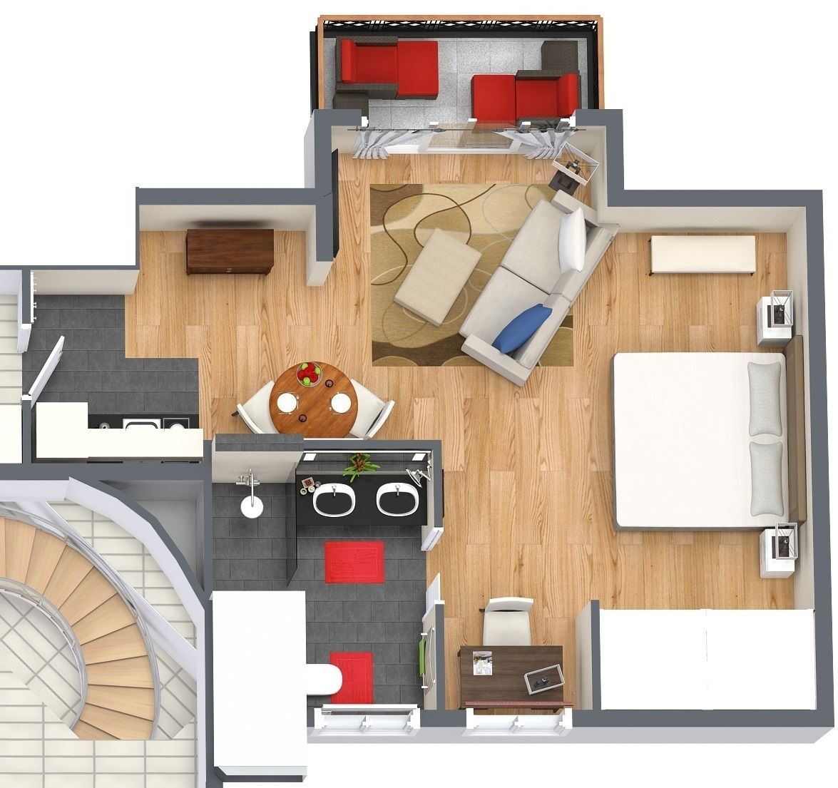 A 2-bedroom apartment layout with a kitchen, dining area, and a living room.