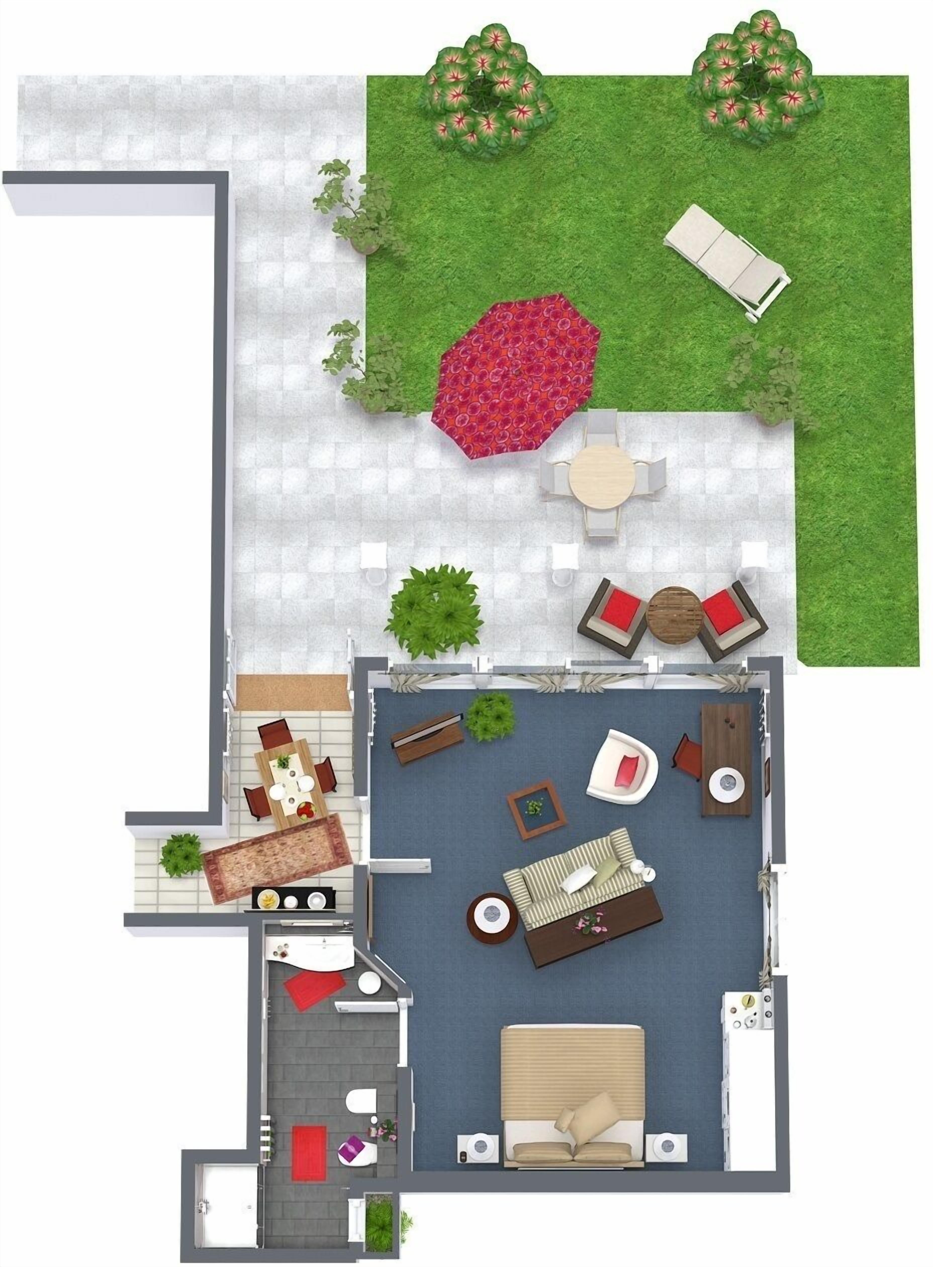 Plano de planta en 2D de una casa con cocina, comedor, sala de estar y un pequeño jardín.